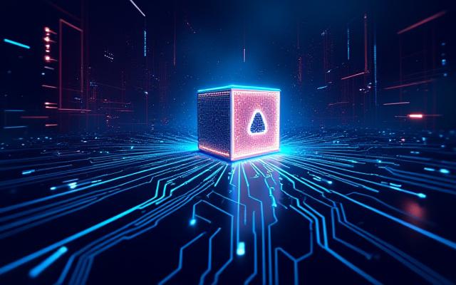 Abstract illustration of a quantum computer threat to a blockchain network, vibrant and high-tech