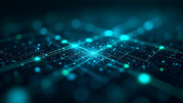 Abstract quantum algorithm development visual with glowing nodes and lines