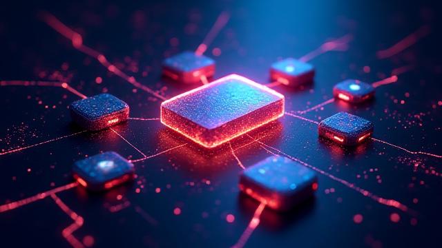 Secure blockchain network with interconnected glowing blocks, protected by a quantum shield